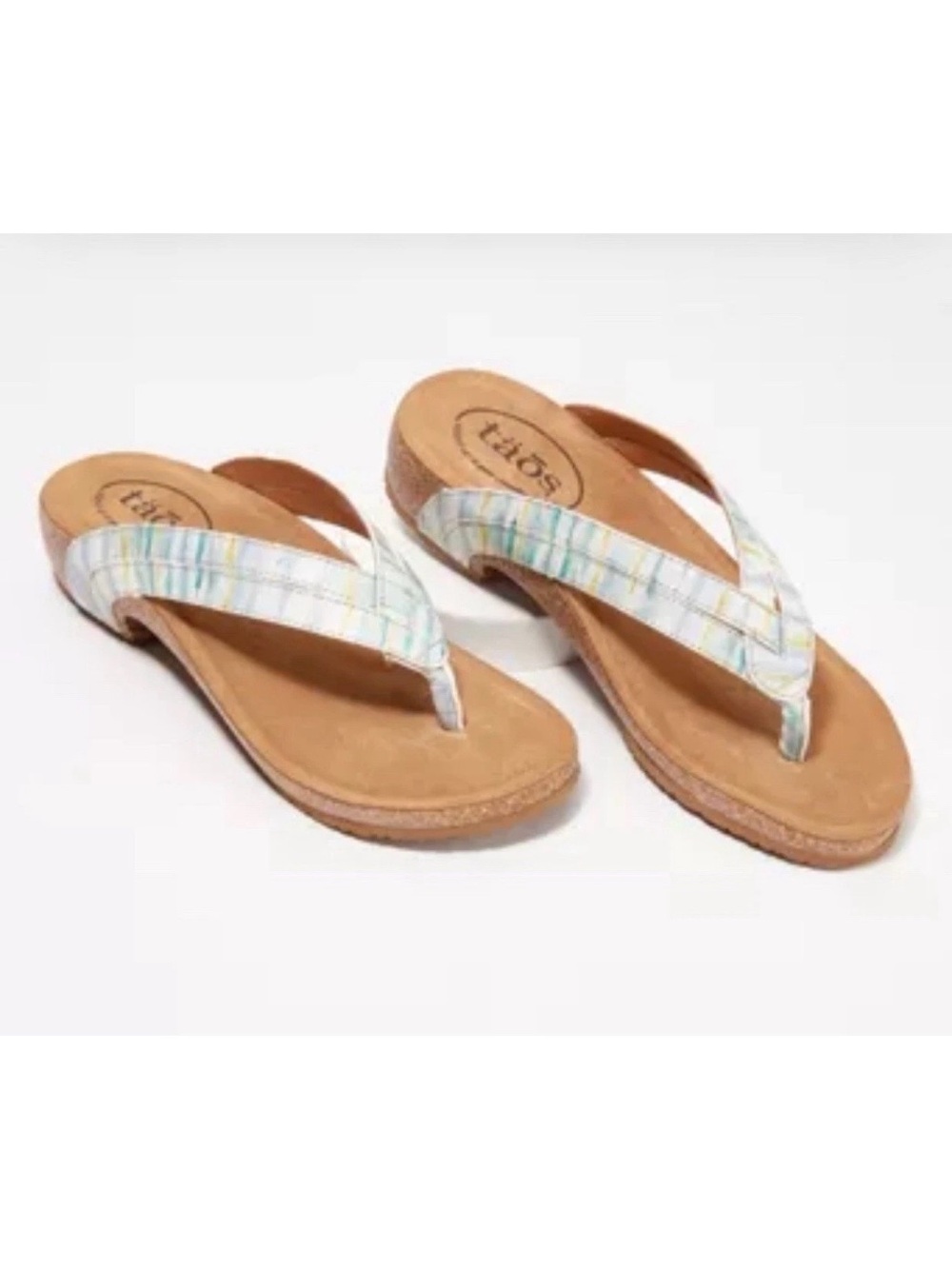 TAOS LINK BLUE/MULTI LEATHER SUPPORT CORK WEDGE SLIP-ON SANDALS NEW Sz 37 US 6